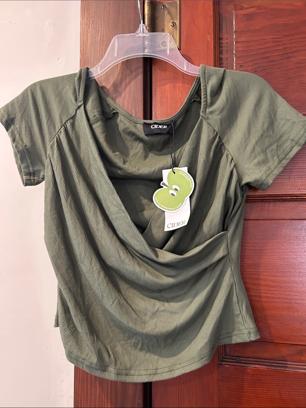 Cider Olive Green Draped Short Sleeve Crop Top L NWT
